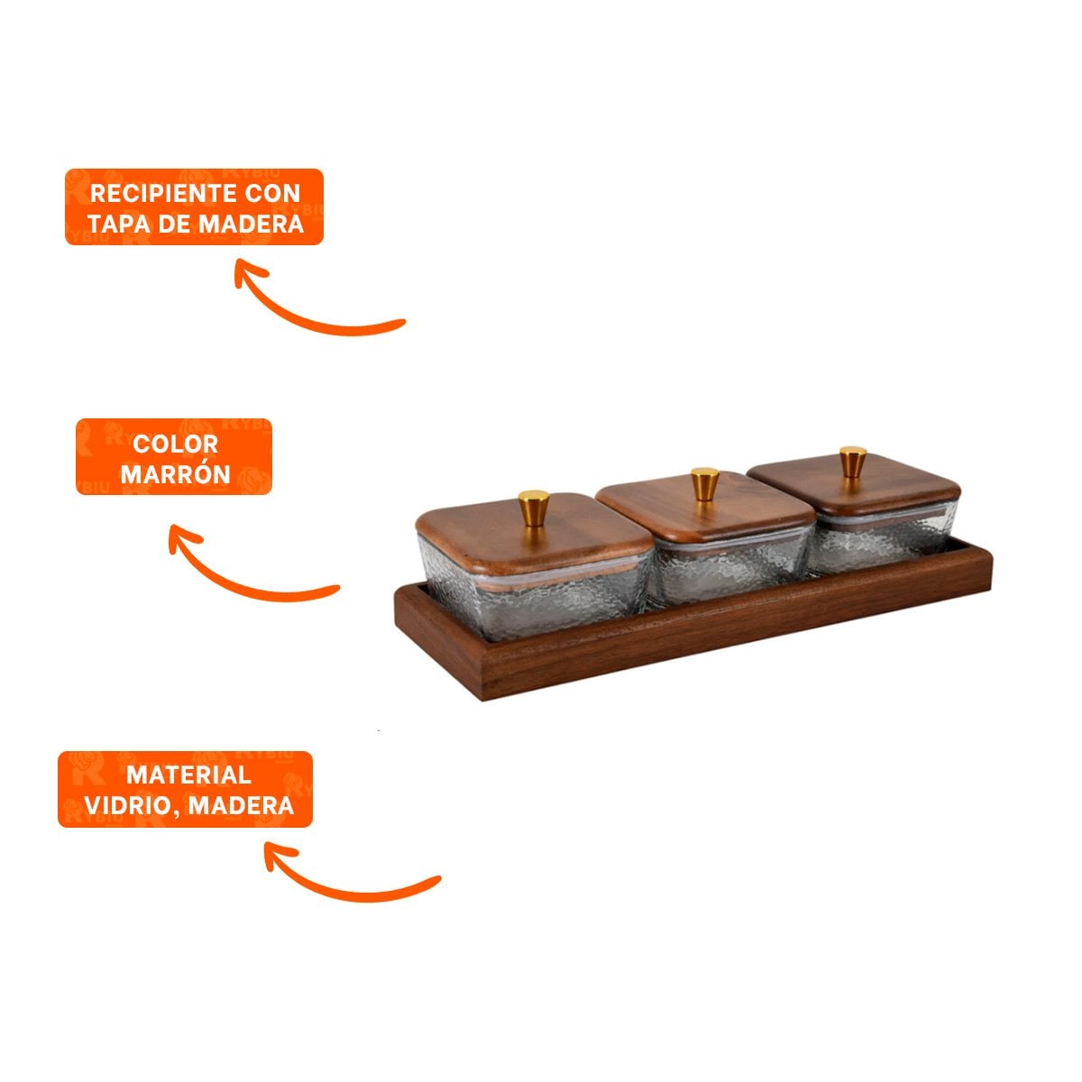 CONJUNTO 3 UNIDADES DE RECIPIENTES CUADRADOS MARRON CON BASE 32,5X12CM Y TAPA DE MADERA - 3