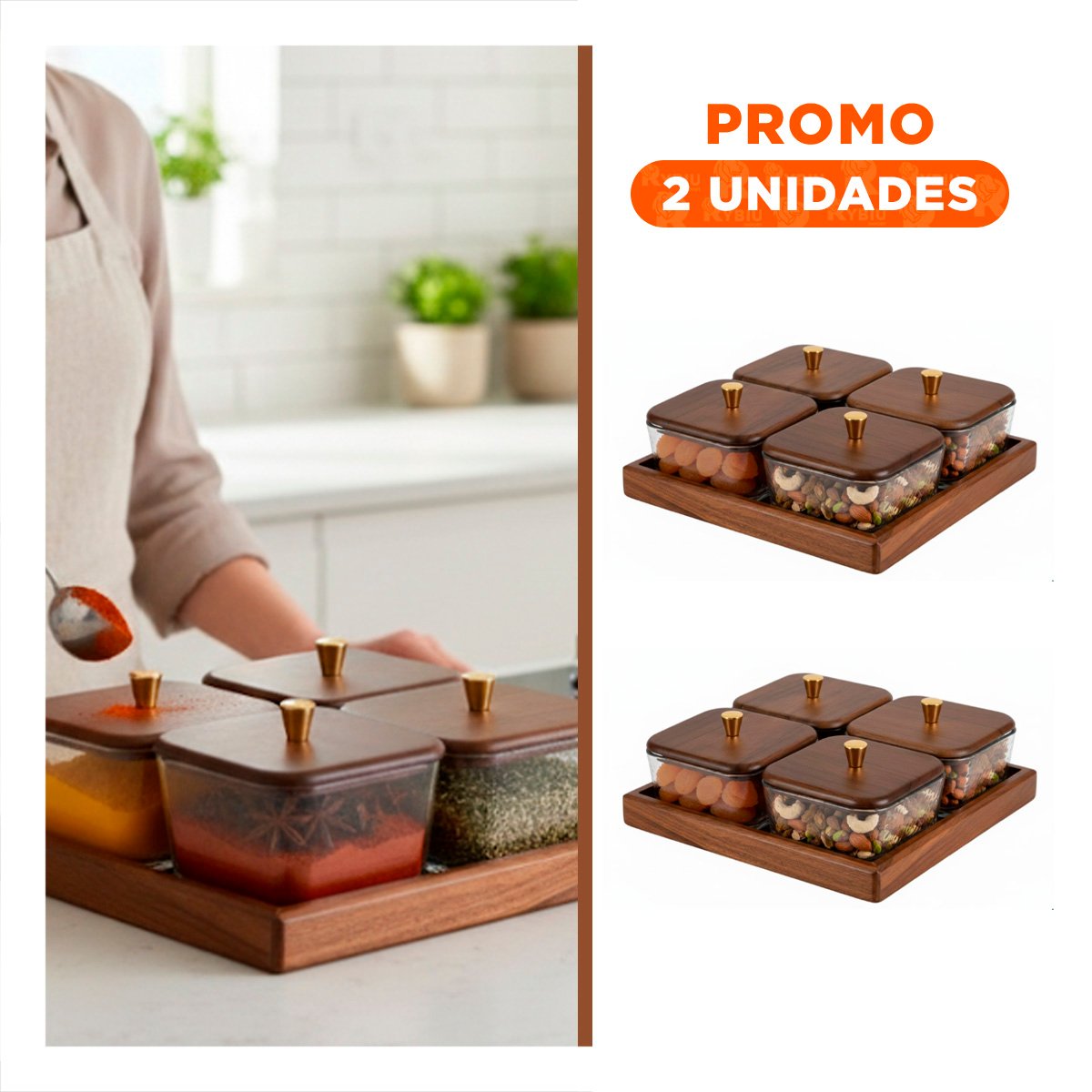PACK2 SET MARRON DE 4 RECIPIENTES CON TAPA BASE MADERA CUADRADOS USO DIARIO HOGAR - 1
