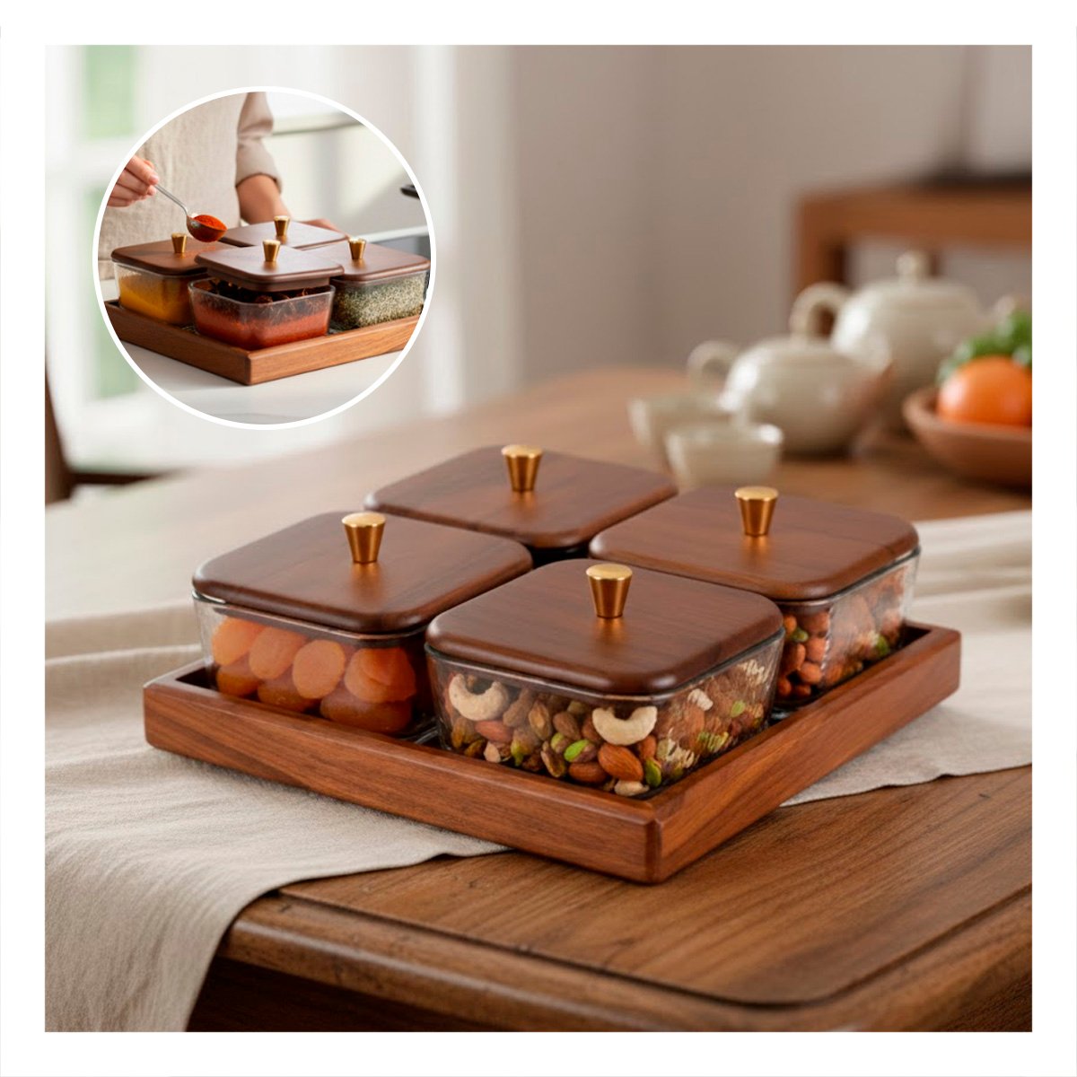 PACK2 SET MARRON DE 4 RECIPIENTES CON TAPA BASE MADERA CUADRADOS USO DIARIO HOGAR - 5