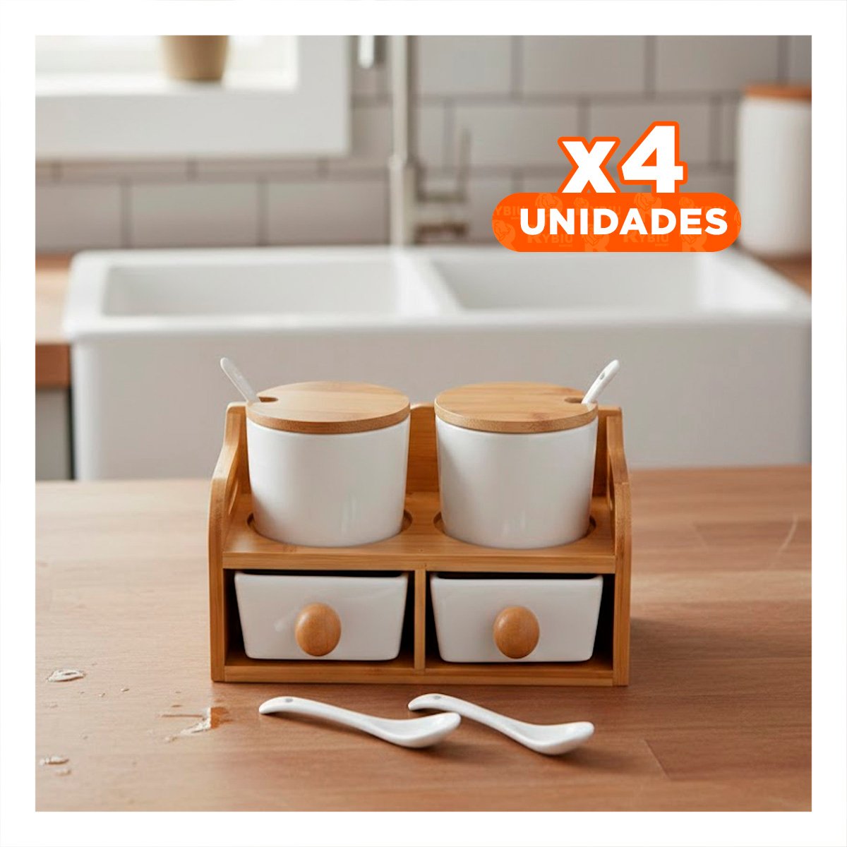 PACK4 CONJUNTO DE 4 RECIPIENTES BLANCO CON TAPA CUCHARA Y BASE 32X12CM COCINA Y HOGAR - 1