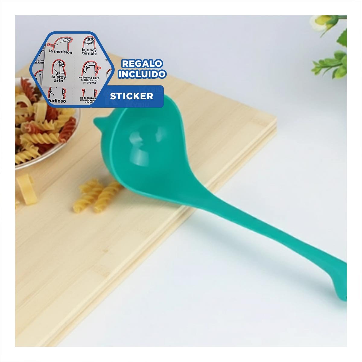 CUCHARA REDONDA DINO VERDE AGUA 9X25CM FUNCIONAL PARA USO EN COCINA HOGAR Y+REGALO STICKER - 1