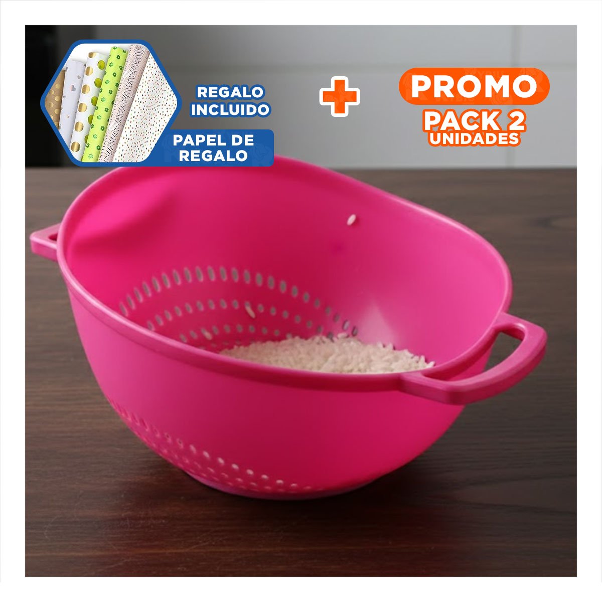 PACK2 CONTENEDOR FUNCIONAL ROSADO PARA ARROZ CON ASAS 22,5X26,5CM VERSATIL Y+PAPEL REGALO - 1