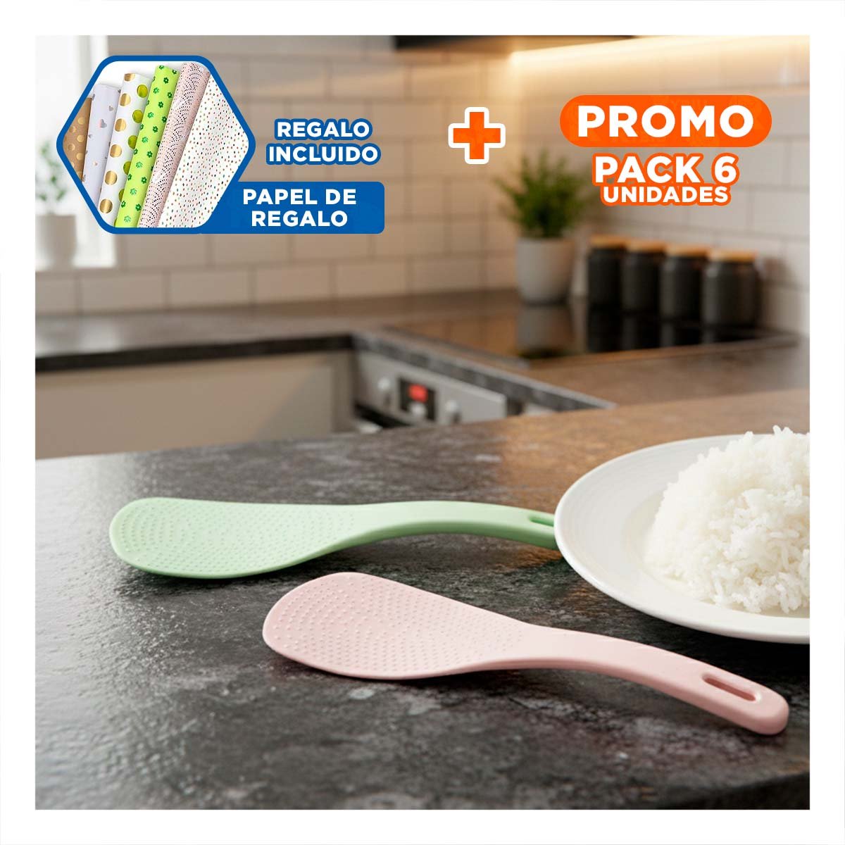 PACK6 ESPATULA MULTIUSO ROSADO Y VERDE CLARO PARA ARROZ COCINA HOGAR DECORACION Y+PAPEL REGALO - 1