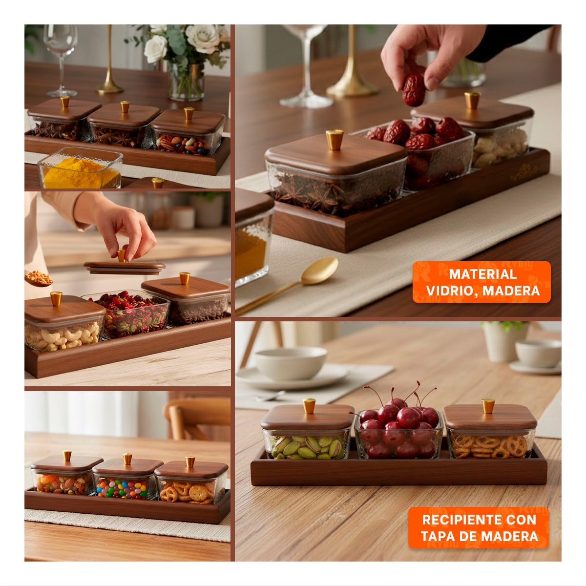 CONJUNTO 3 RECIPIENTES CUADRADOS MARRON CON TAPA DE MADERA Y BASE 32,5X12CM Y+POST IT - 1