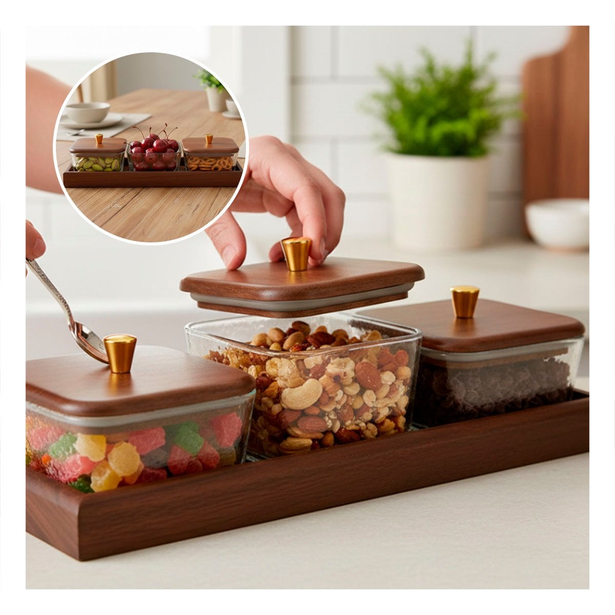 CONJUNTO 3 RECIPIENTES CUADRADOS MARRON CON TAPA DE MADERA Y BASE 32,5X12CM Y+POST IT - 2