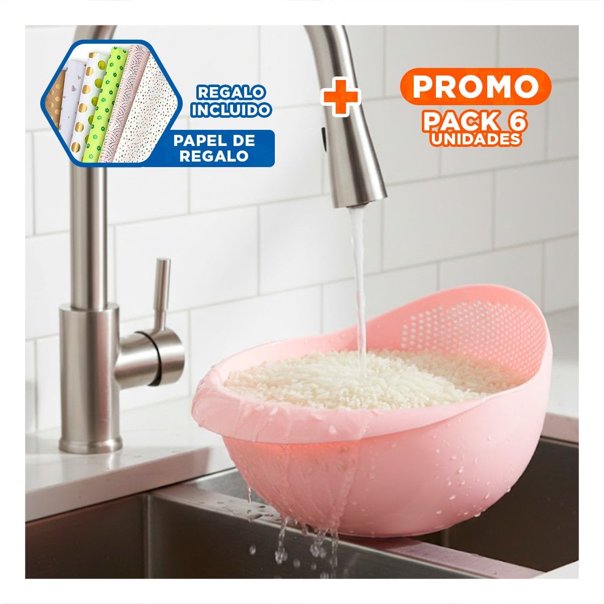 PACK6 PLATON COLADOR DE ARROZ ROSADO 22,5X11CM PARA COCINA CASA LED Y+PAPEL REGALO - 1