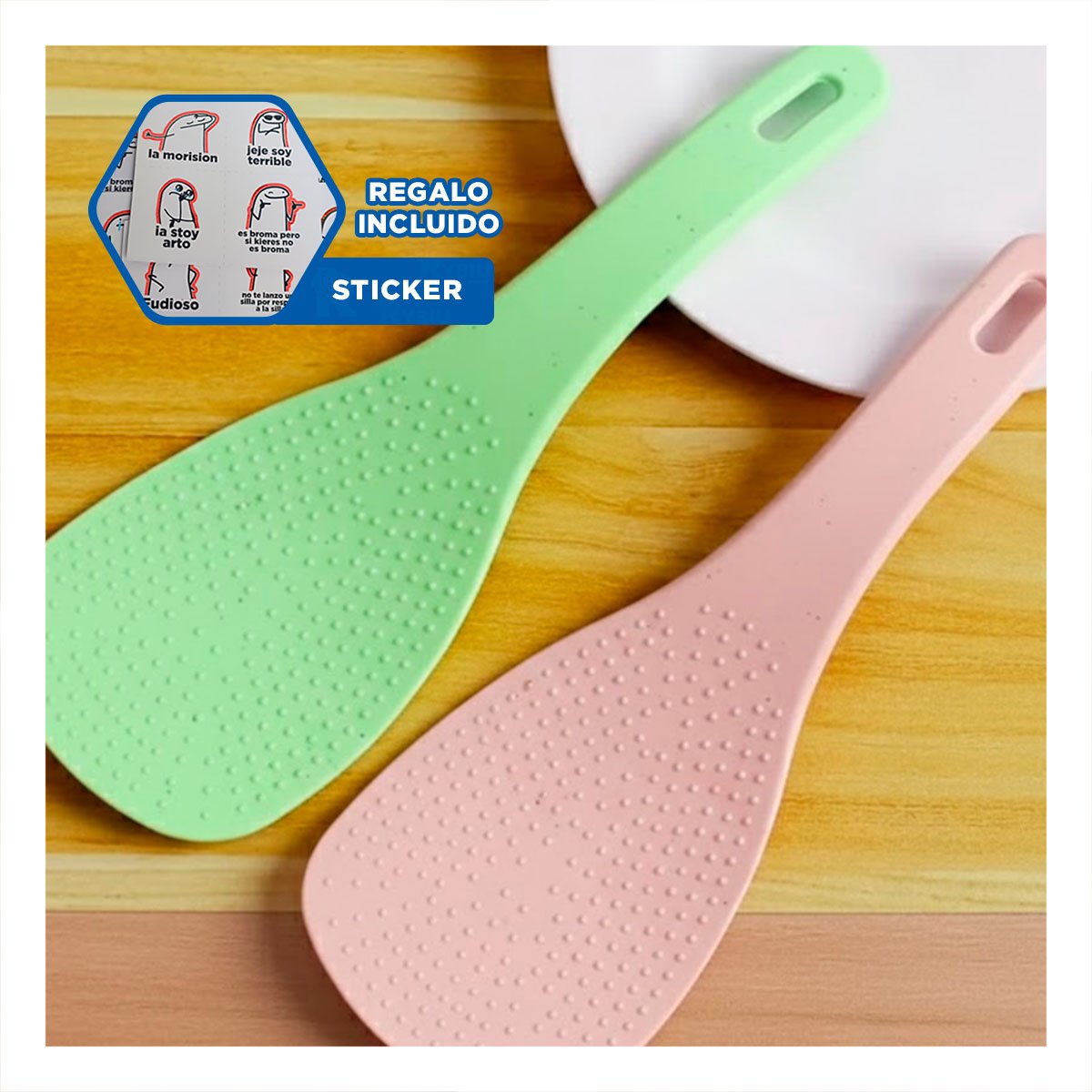 UTENSILIO ARROZ ROSADO Y VERDE CLARO COCINA HOGAR FACIL LIMPIEZA Y+REGALO STICKER - 1