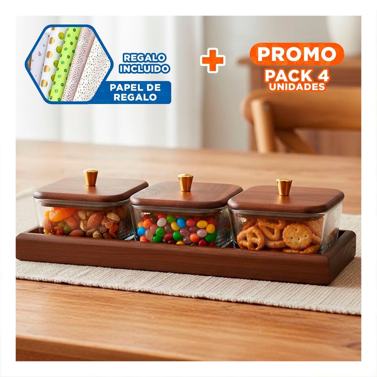 PACK4 SET DE 3 RECIPIENTES CUADRADOS MARRON CON BASE Y TAPA DE MADERA 32,5X12CM Y+PAPEL REGALO - 1