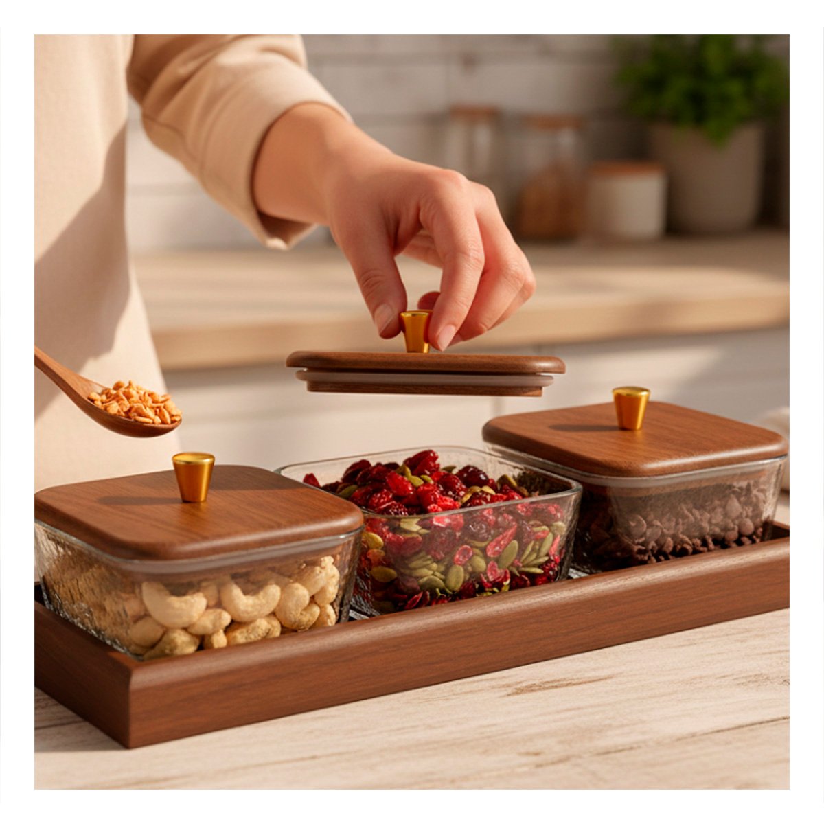 PACK4 SET DE 3 RECIPIENTES CUADRADOS MARRON CON BASE Y TAPA DE MADERA 32,5X12CM Y+PAPEL REGALO - 2