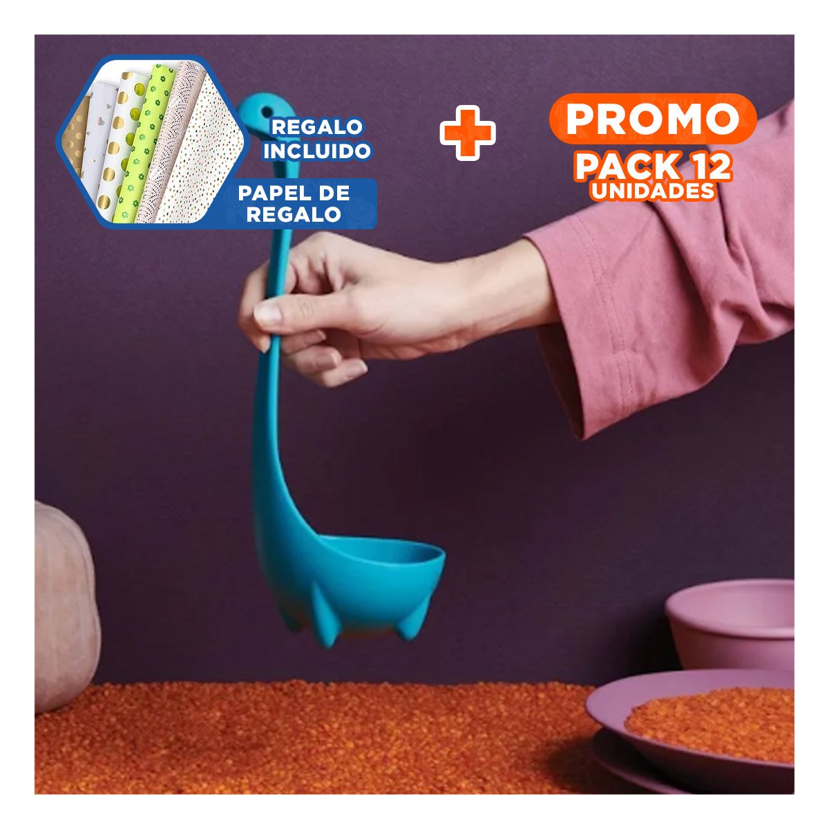PACK12 CUCHARON COCINA DE USO DINO VERDE AGUA 9X25CM PRACTICO Y FUNCIONAL HOGAR Y+PAPEL REGALO - 1
