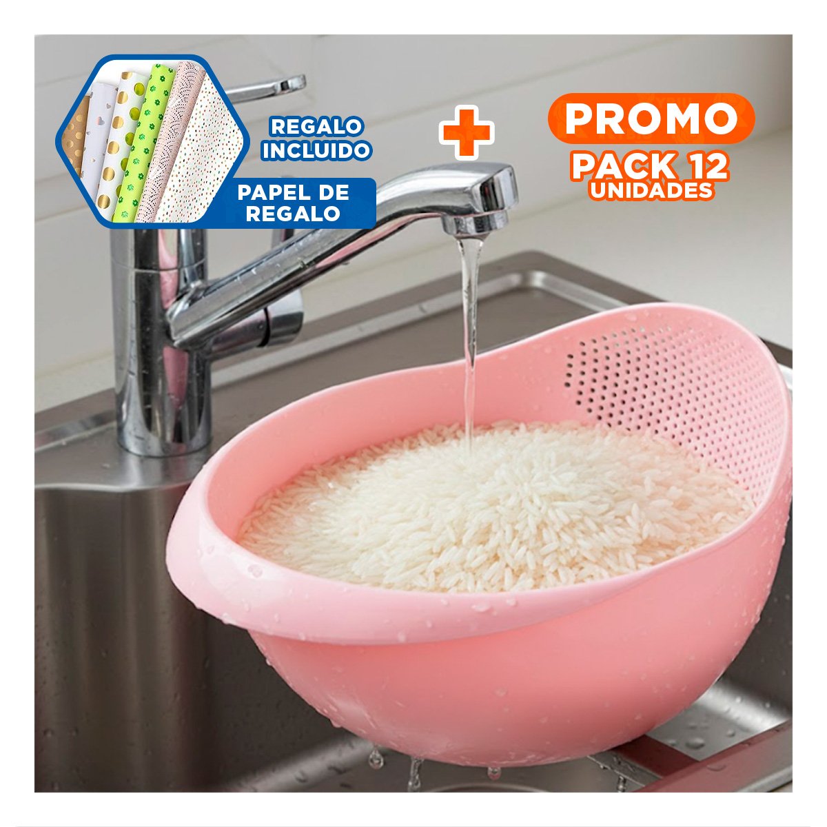 PACK12 PLATON ESCURRIDOR DE ARROZ ROSADO 22,5X11CM PARA COCINA CASA COMODA Y+PAPEL REGALO - 1
