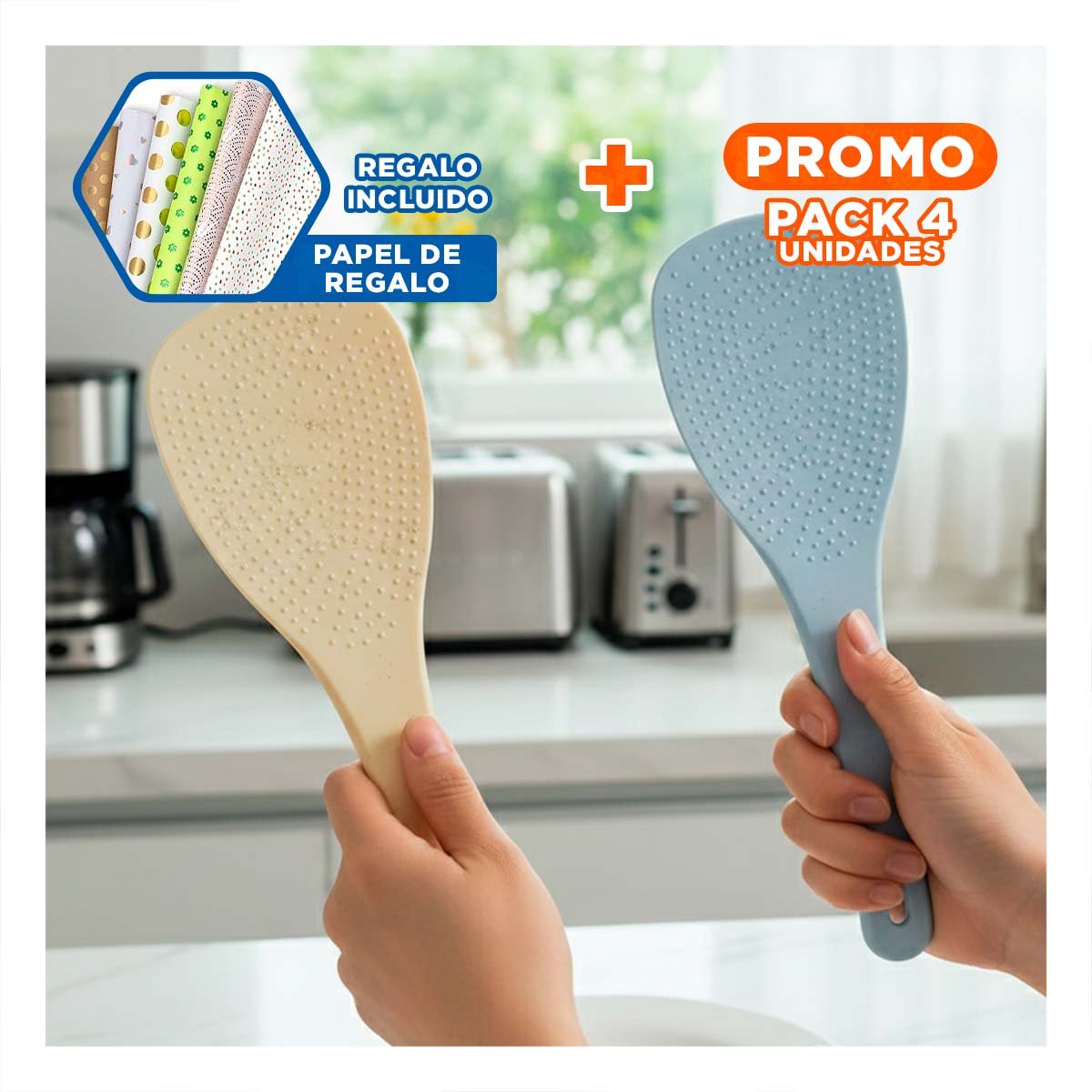 PACK4 ESPATULA SERVIR CELESTE Y BEIGE PARA ARROZ COCINA HOGAR MATERIAL DURABLE Y+PAPEL REGALO - 1