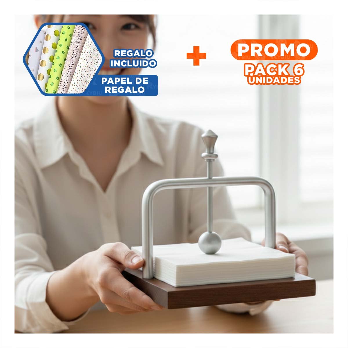 PACK6 ORGANIZADOR CON BRAZO DISPENSADOR DE COLOR PLATEADO Y BASE MADERA Y+PAPEL REGALO - 1