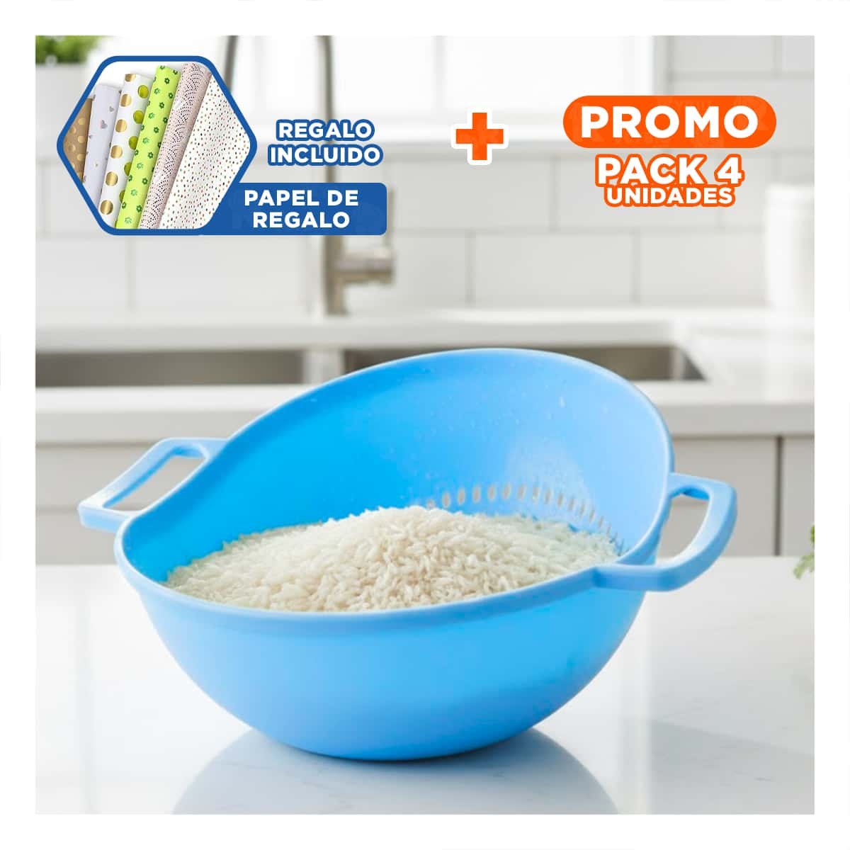 PACK4 CONTENEDOR ESCURRIDIZO CELESTE PARA ARROZ CON ASAS 22,5X26,5CM PRACTICO Y+PAPEL REGALO - 1