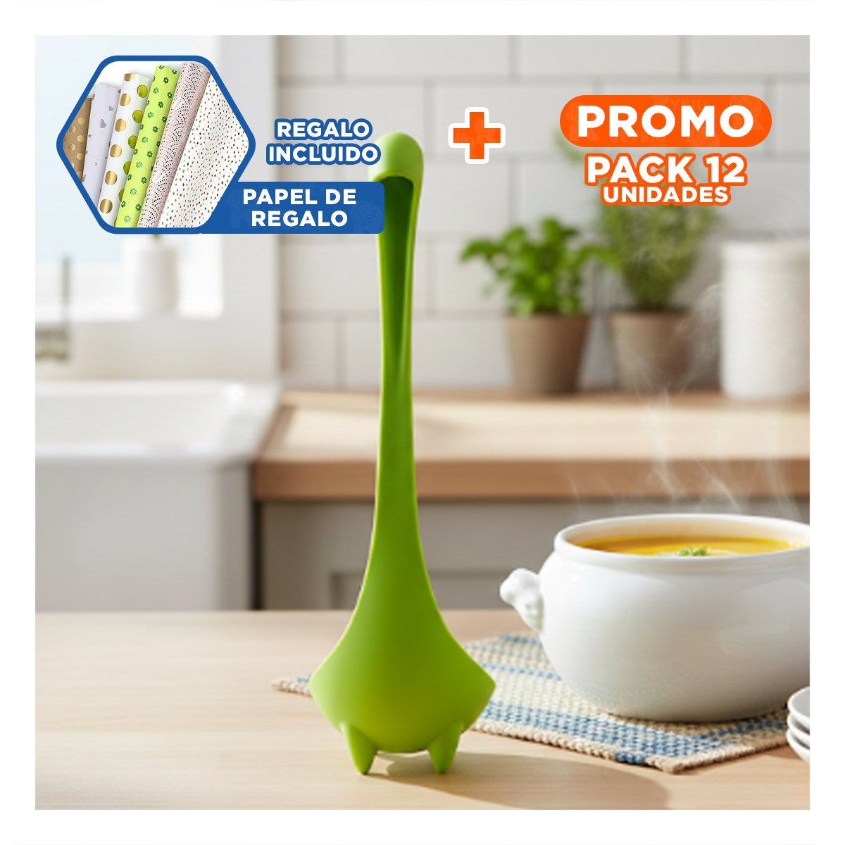 PACK12 CUCHARON COCINA DE USO DINO VERDE CLARO 9X25CM PRACTICO Y FUNCIONAL HOGAR Y+PAPEL REGALO - 1