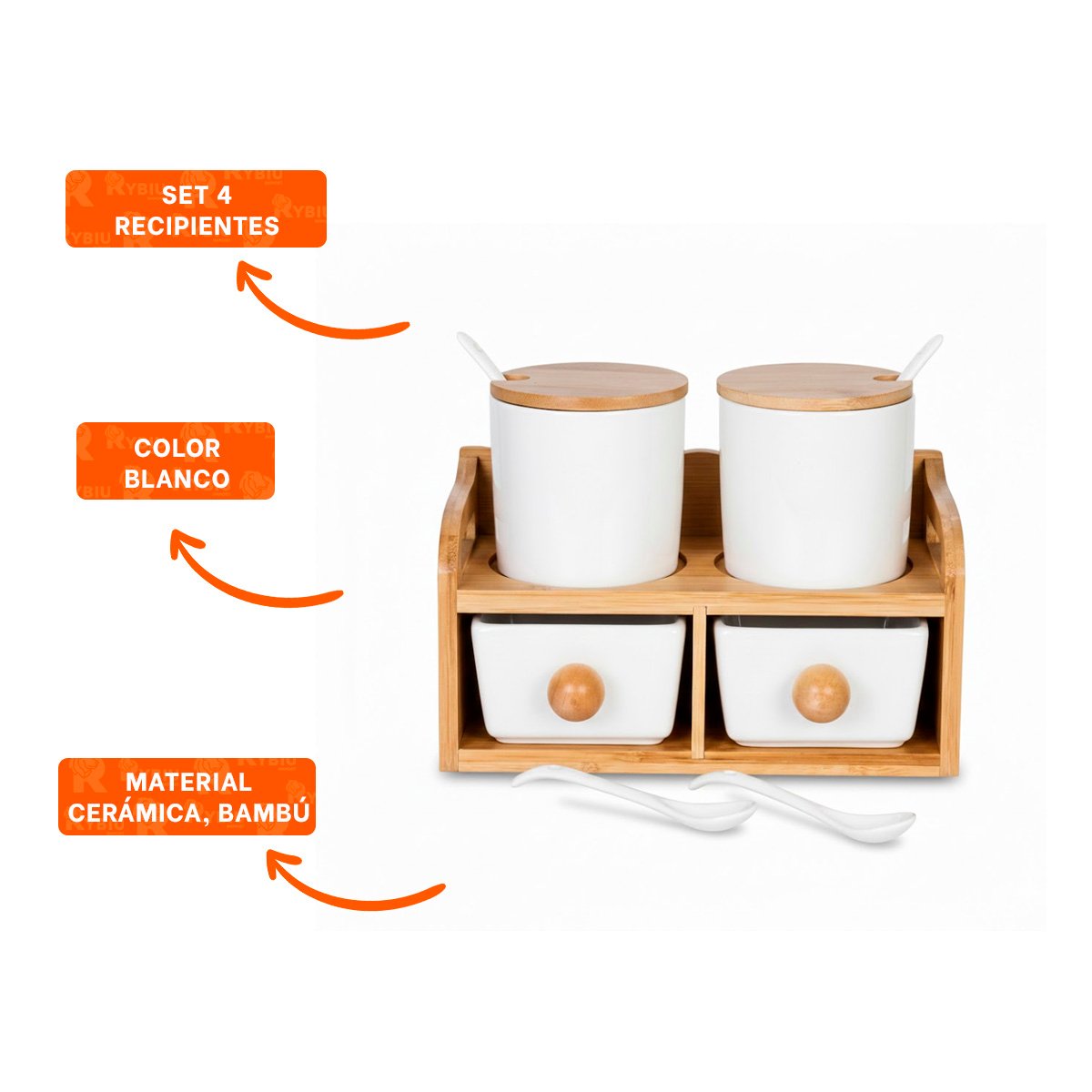 PACK DE 4 RECIPIENTES BLANCO CON TAPA CUCHARA Y BASE 32X12CM COCINA Y HOGAR - 3