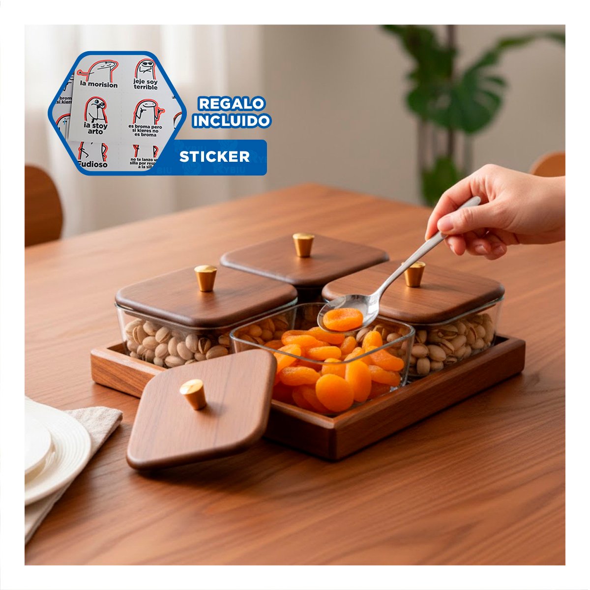 PACK DE 4 RECIPIENTES MARRON CON BASE TAPA MADERA CUADRADOS ALMACENAJE COCINA Y+REGALO STICKER - 1