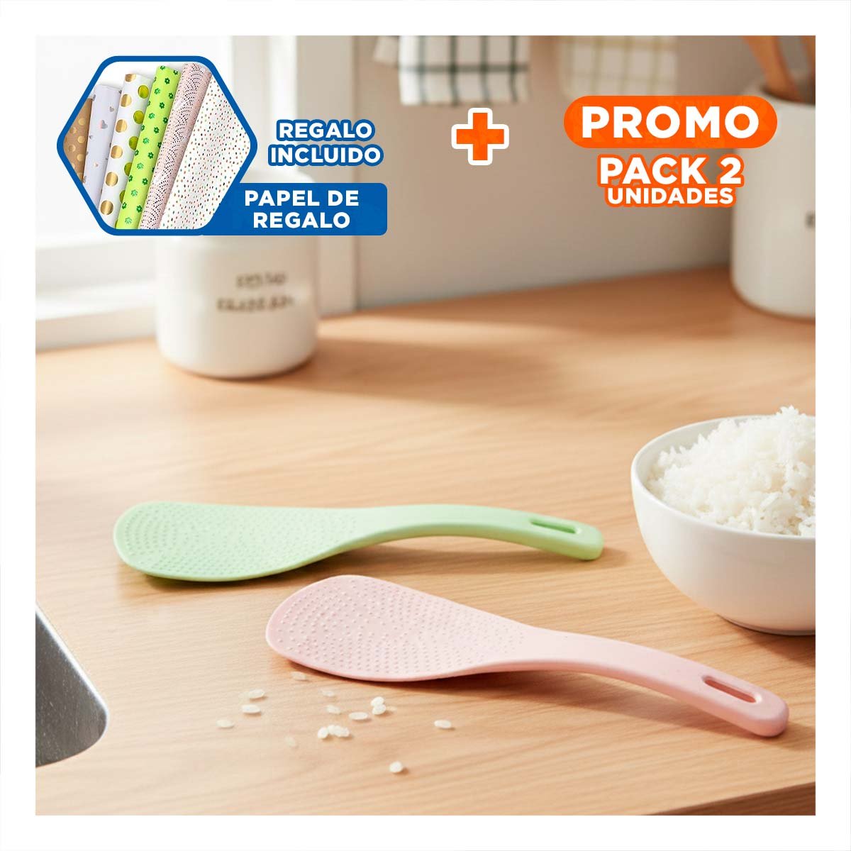 PACK2 PALETA ARROZ ROSADO Y VERDE CLARO COCINA HOGAR FACIL LIMPIEZA Y+PAPEL REGALO - 1