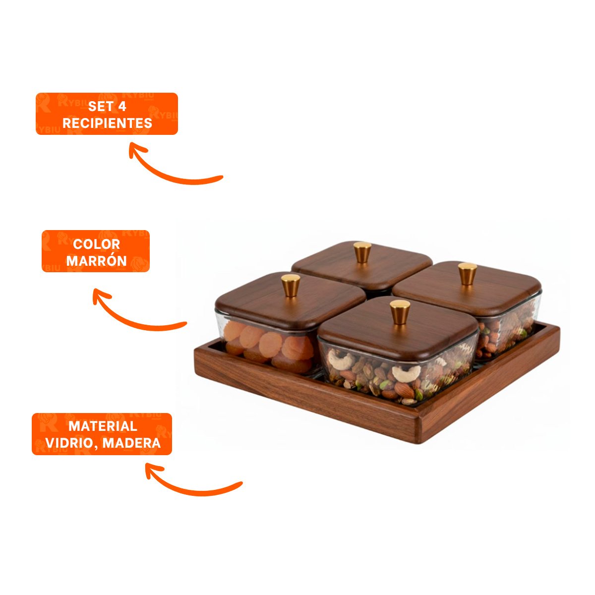 PACK DE 4 RECIPIENTES MARRON BASE TAPA MADERA CUADRADOS COCINA Y ORGANIZACIÓN - 3