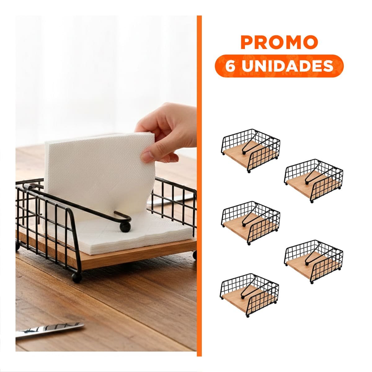 PACK6 SERVILLETERO DE MESA DE COLOR DORADO BORDE CUADRADO CON BASE MADERA Y BRAZO DISPENSADOR - 1