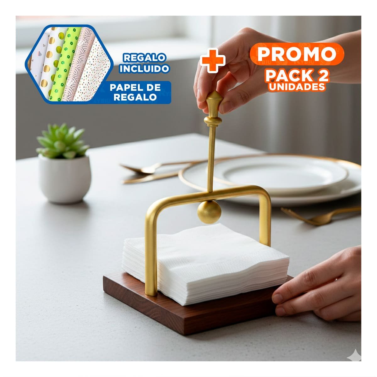 PACK2 SERVILLETERO VERTICAL DE COLOR DORADO BASE MADERA CON BRAZO PRACTICO Y+PAPEL REGALO - 1