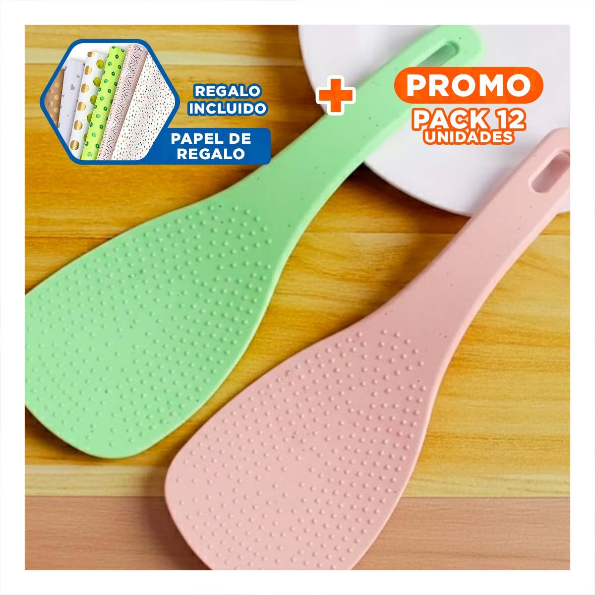PACK12 RASERA SERVIR ROSADO Y VERDE CLARO PARA ARROZ COCINA HOGAR MATERIAL Y+PAPEL REGALO - 1