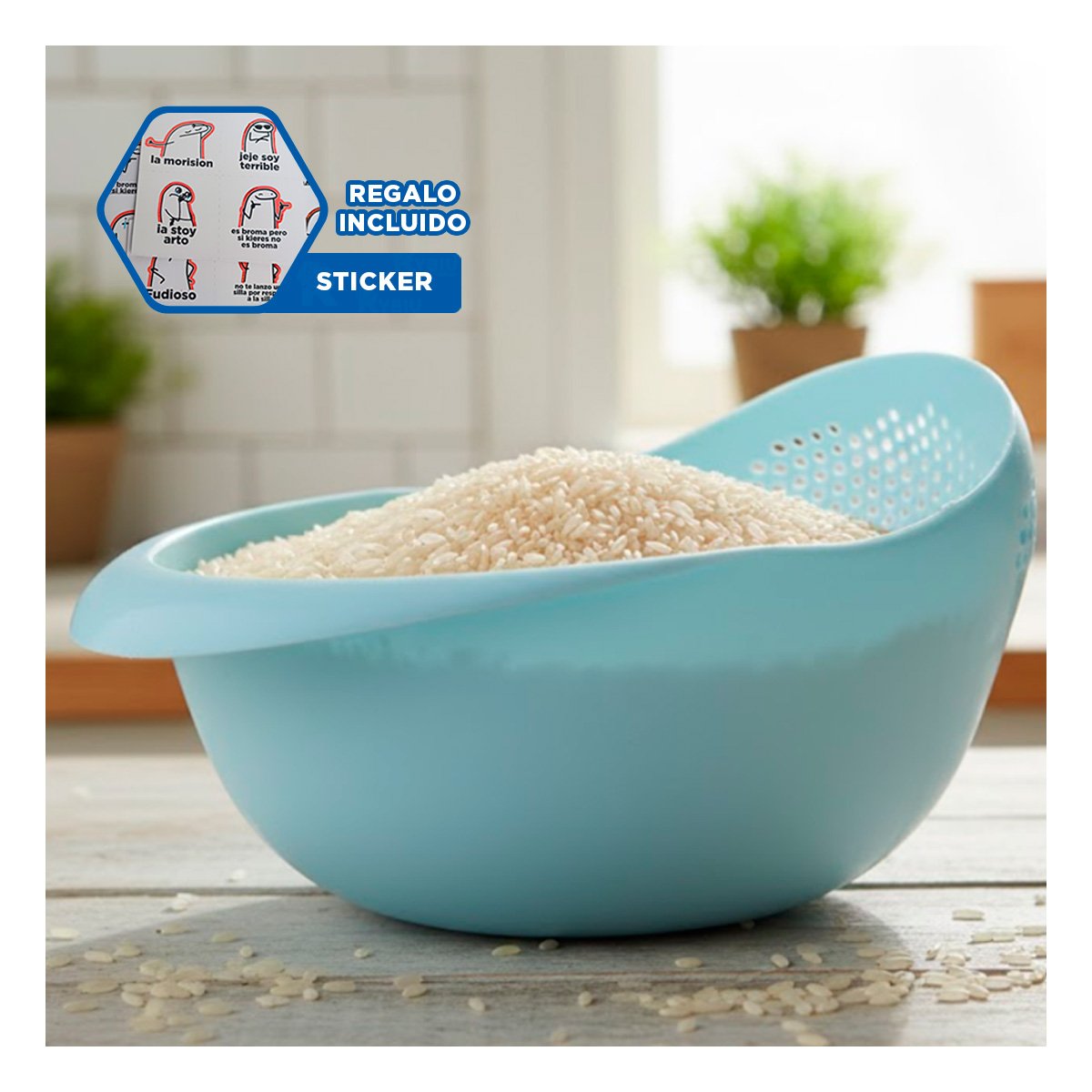 CESTA COLADORA DE ARROZ CELESTE 22,5X11CM PARA COCINA CASA NAVIDAD Y+REGALO STICKER - 1