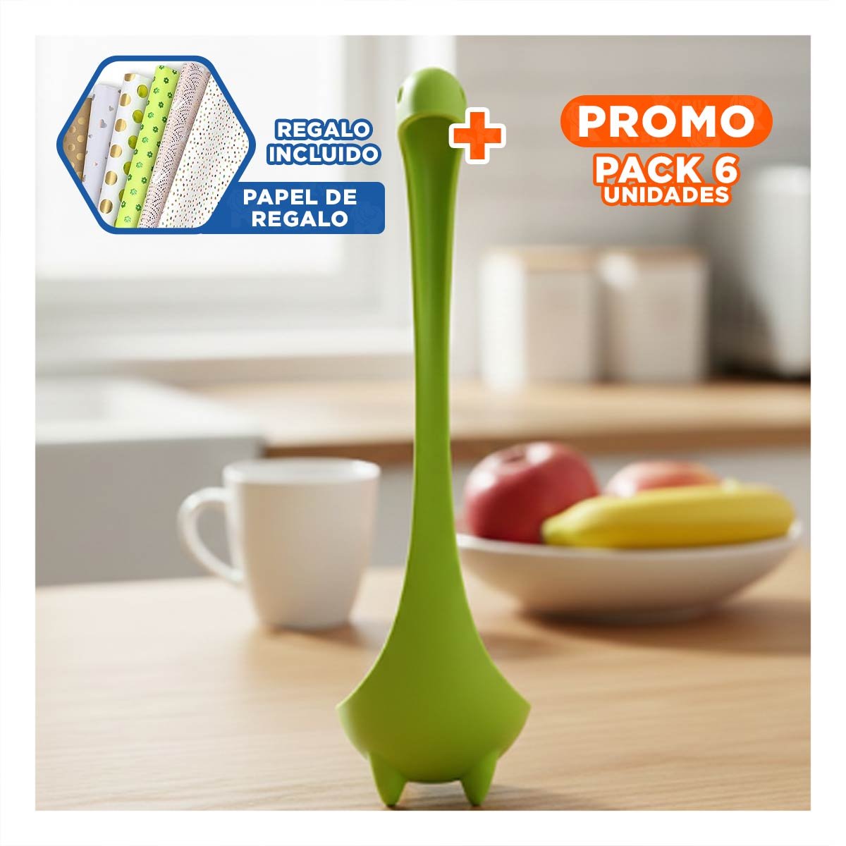 PACK6 UTENSILIO COCINA DINO VERDE CLARO 9X25CM UTENSILIO MULTIFUNCIONAL Y+PAPEL REGALO - 1
