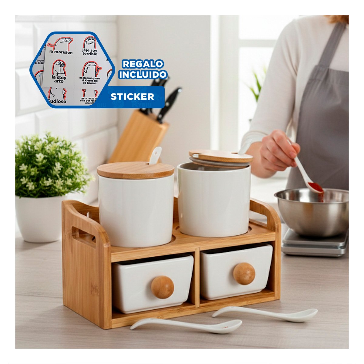PACK DE 4 RECIPIENTES CON BASE TAPA CUCHARA BLANCO 32X12CM COCINA MODERNA Y+REGALO STICKER - 1