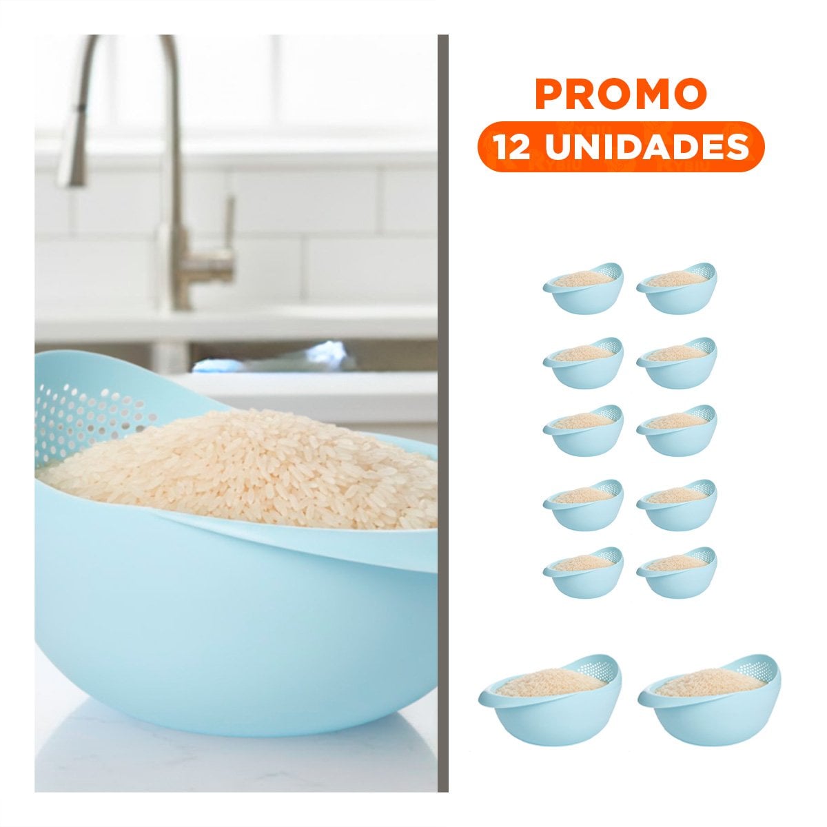 PACK12 CAJITA ESCURRIDORA DE ARROZ CELESTE 22,5X11CM PARA COCINA CASA MODERNA Y+REGALO STICKER - 1