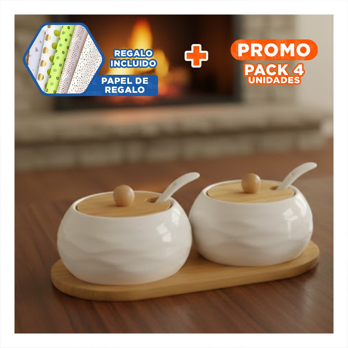 PACK4 CONJUNTO DE 2 RECIPIENTES BLANCO TAPA BAMBU 19,9CM COCINA Y ALMACENAJE Y+PAPEL REGALO - 1