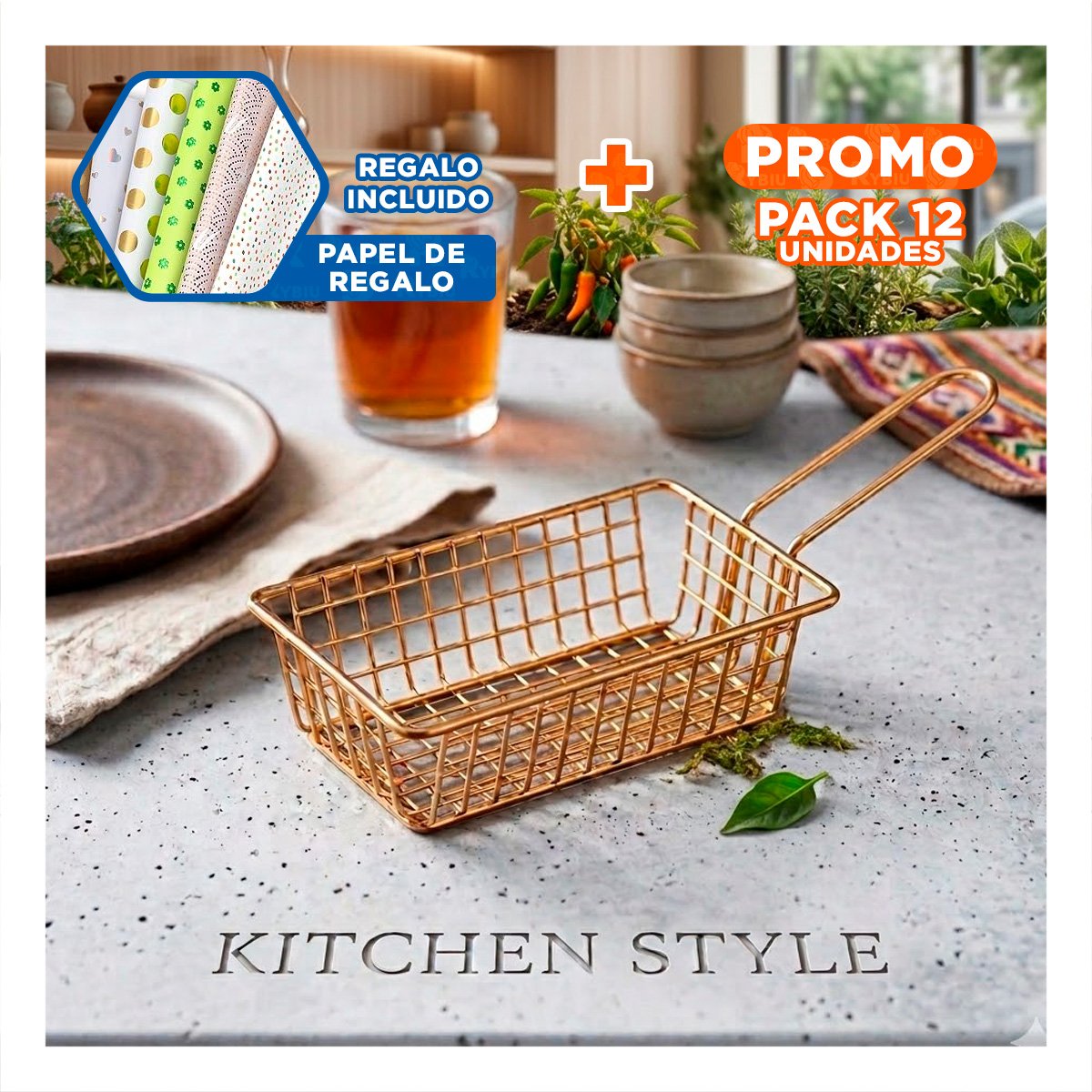 PACK12 REJILLA PARA FREIR DORADO RECTANGULAR CON ASA LARGA PARA COCINA MODERNA Y+PAPEL REGALO - 1