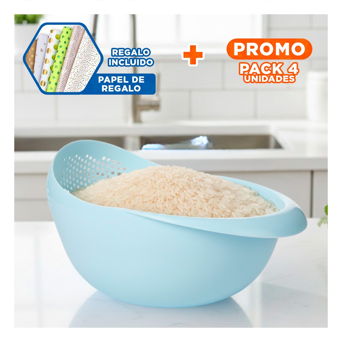 PACK4 TABLA COLADORA DE ARROZ CELESTE 22,5X11CM PARA COCINA CASA ELEGANTE Y+PAPEL REGALO - 1