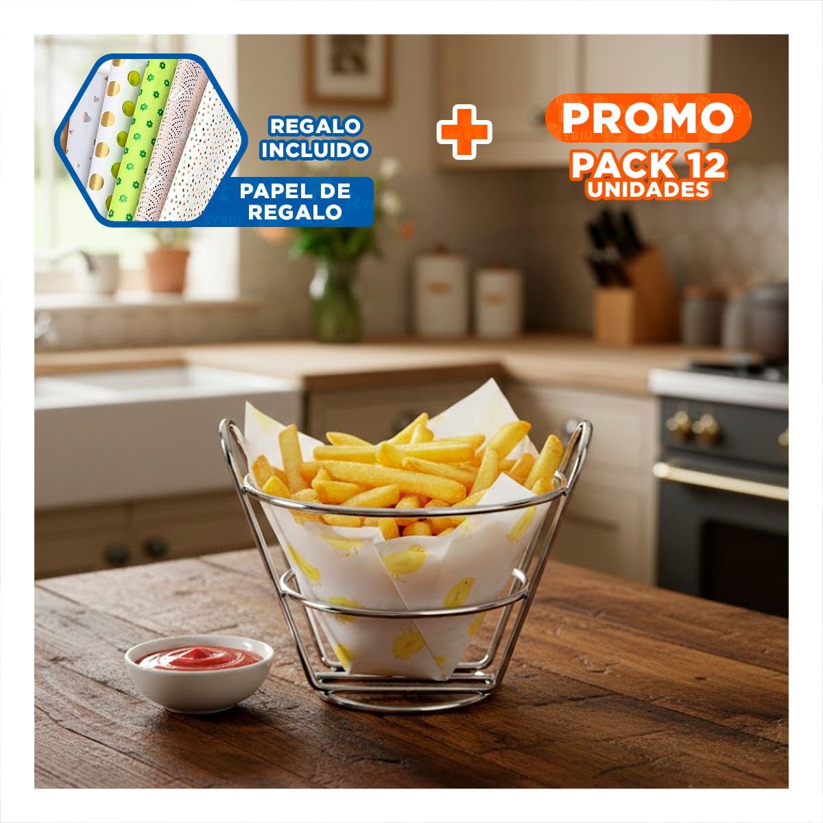 PACK12 REJILLA PARA FREIR EN COLOR PLATEADO EN FORMA DE CONO PARA COCINA MODERNA Y+PAPEL REGALO - 1