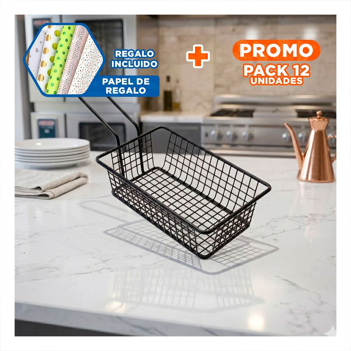 PACK12 REJILLA PARA FREIR NEGRO RECTANGULAR CON ASA LARGA PARA COCINA MODERNA Y+PAPEL REGALO - 1