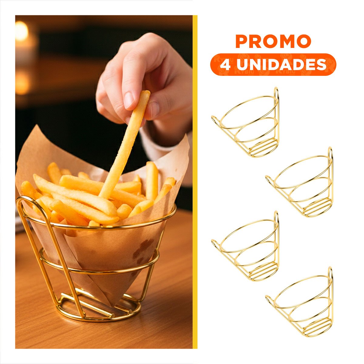 PACK4 BANDEJA EN FORMA DE CONO PARA FREIR EN COLOR DORADO EN COCINA COMERCIAL Y+REGALO STICKER - 1