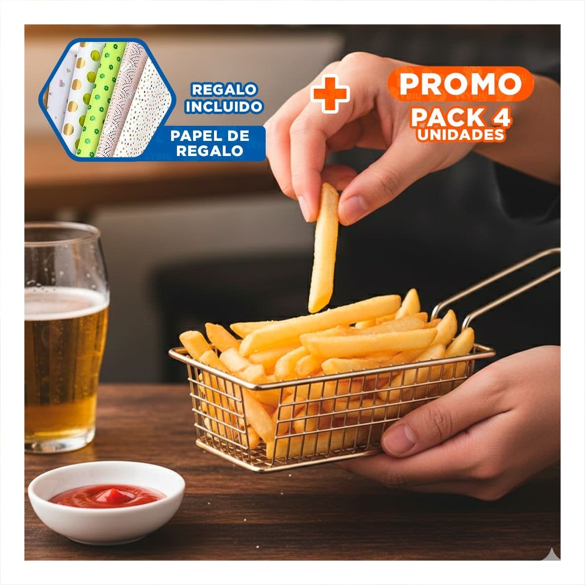 PACK4 CANASTA RECTANGULAR DORADO CON ASA LARGA PARA MANEJO SEGURO EN COCINA Y+PAPEL REGALO - 1