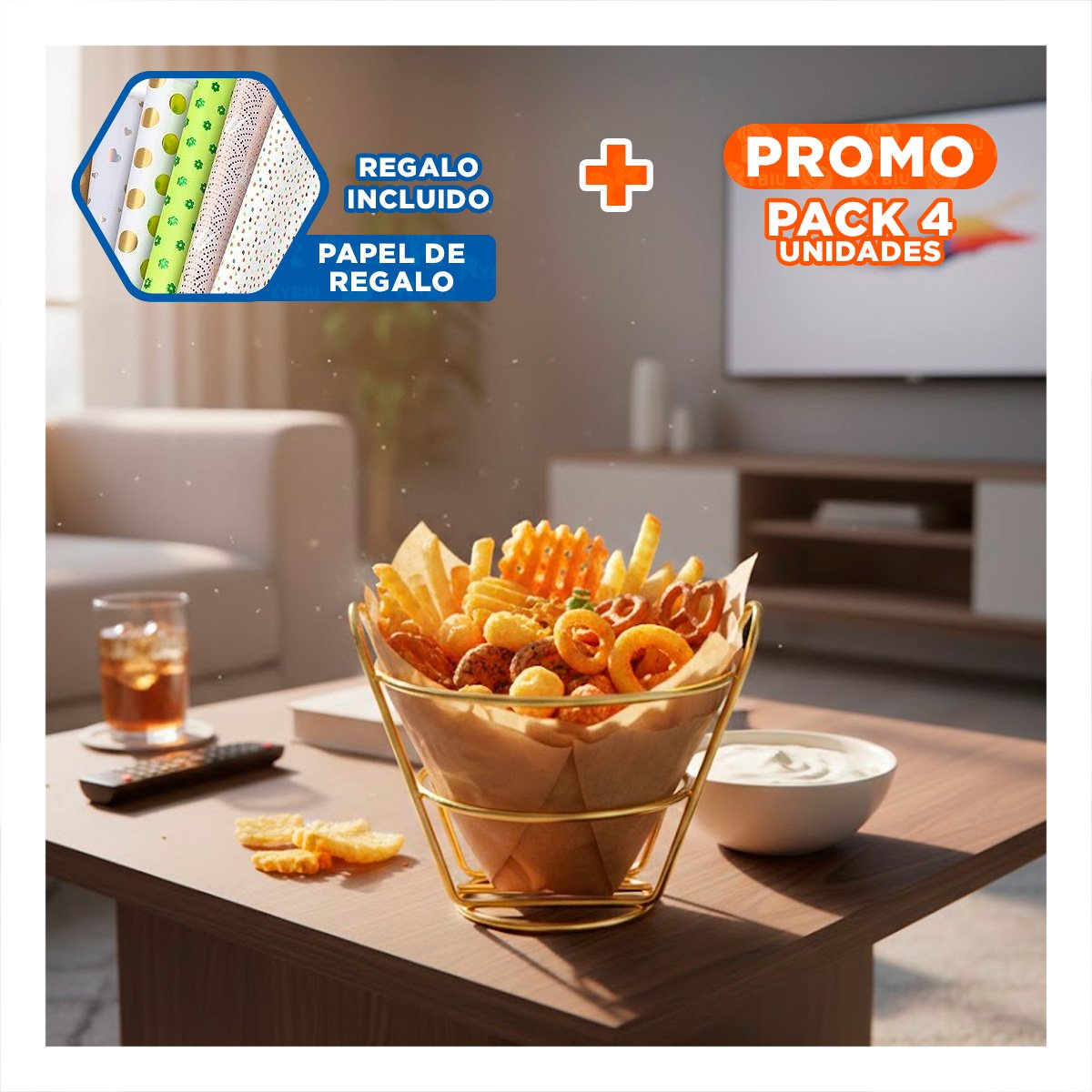 PACK4 CANASTA EN FORMA DE CONO EN COLOR DORADO PARA MANEJO SEGURO EN COCINA Y+PAPEL REGALO - 1