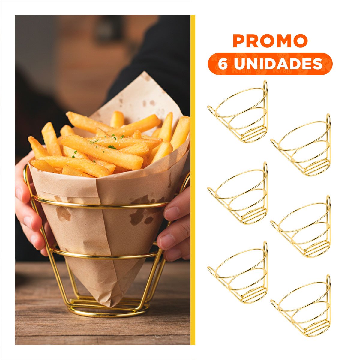 PACK6 BANDEJA PARA FREIR EN FORMA DE CONO EN COLOR DORADO PARA USO DIARIO - 1