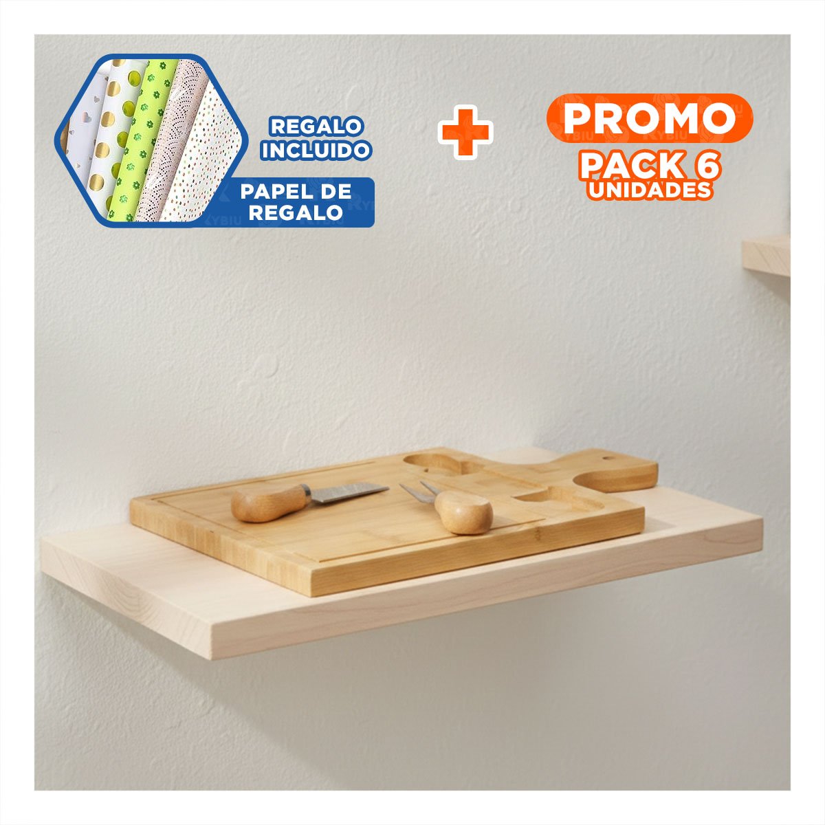 PACK6 TABLA RECTANGULAR CON 2 UTENSILIOS DE MADERA BAMBU PARA COCINA HOGAR Y+PAPEL REGALO - 1