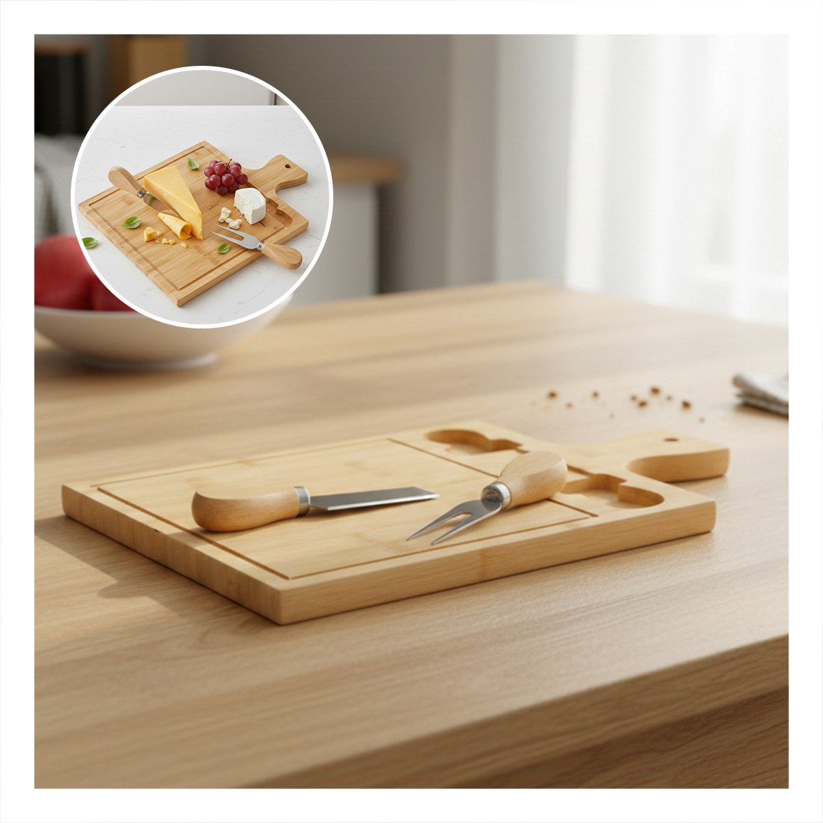 PACK6 TABLA RECTANGULAR CON 2 UTENSILIOS DE MADERA BAMBU PARA COCINA HOGAR Y+PAPEL REGALO - 2