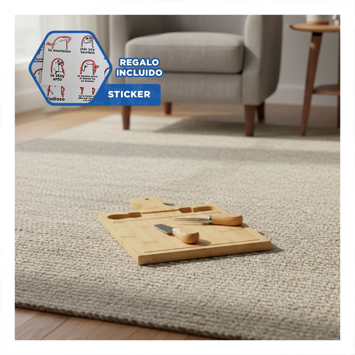 BASE DE MADERA BAMBU RECTANGULAR CON 2 UTENSILIOS USO DIARIO Y COCINA Y+REGALO STICKER - 1