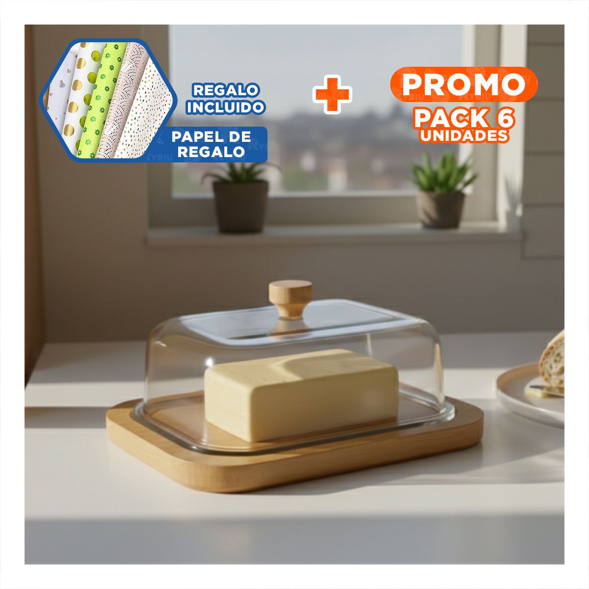 PACK6 BASE MANTEQUILLA DE MADERA CON TAPA TRANSPARENTE USO COTIDIANO Y COCINA Y+PAPEL REGALO - 1