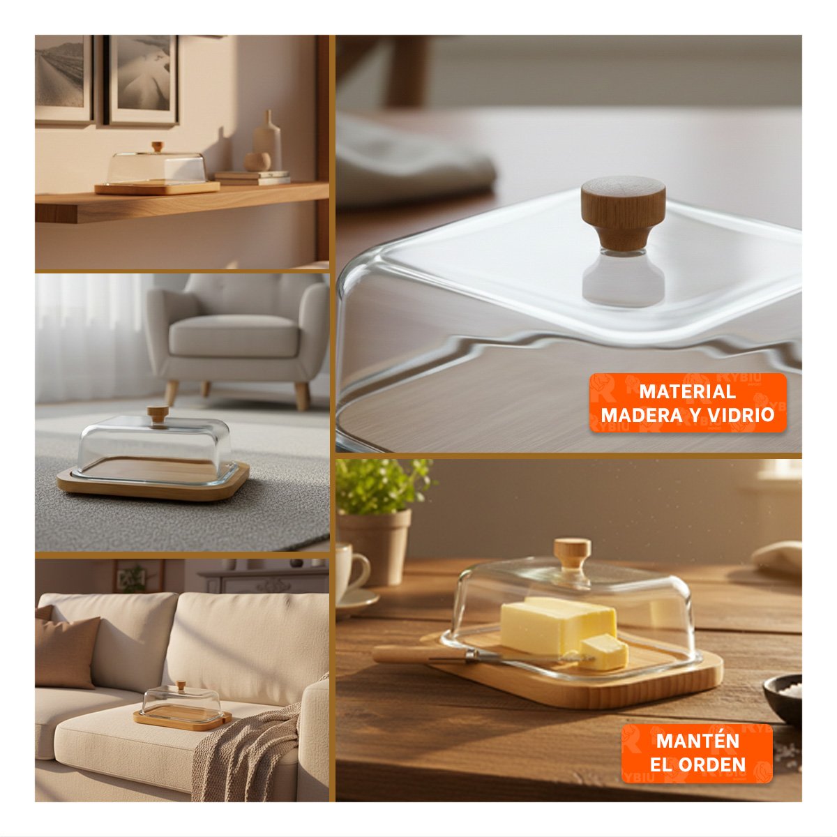PACK6 BASE MANTEQUILLA DE MADERA CON TAPA TRANSPARENTE USO COTIDIANO Y COCINA Y+PAPEL REGALO - 3
