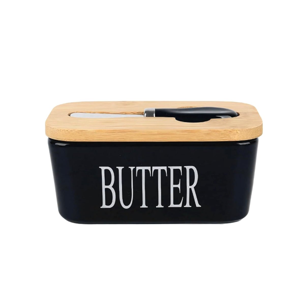 CONJUNTO BLANCO DE PORTA MANTEQUILLA TAPA BAMBU Y CUCHILLO USO DIARIO Y+PAPEL REGALO - 1