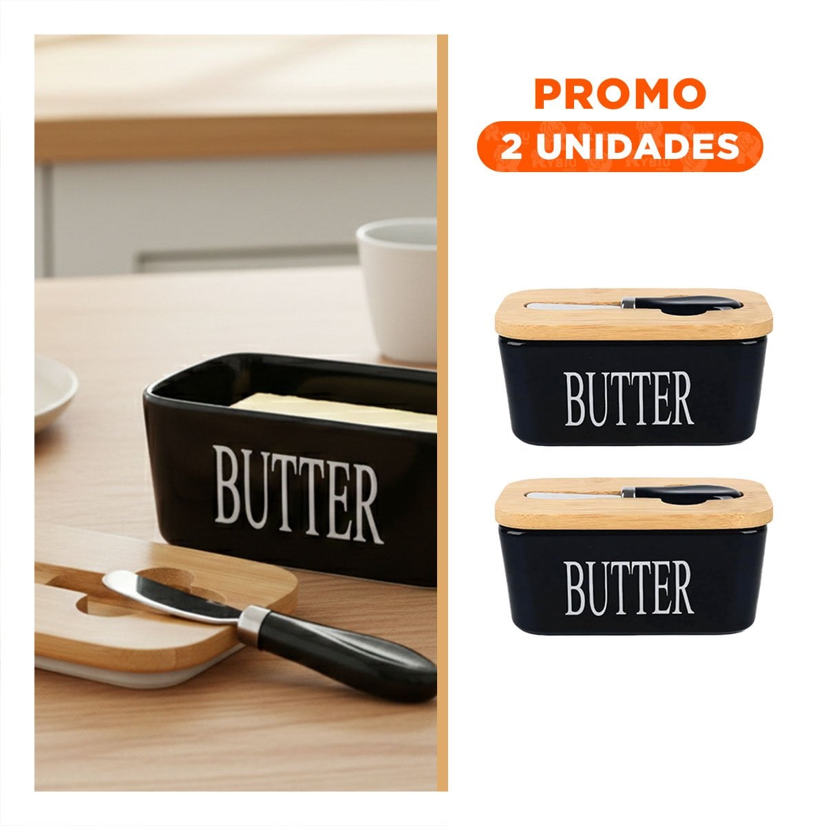 PACK2 EQUIPO DE PORTA MANTEQUILLA CON TAPA BAMBU CUCHILLO BLANCO GUARDAR ALIMENTOS - 1
