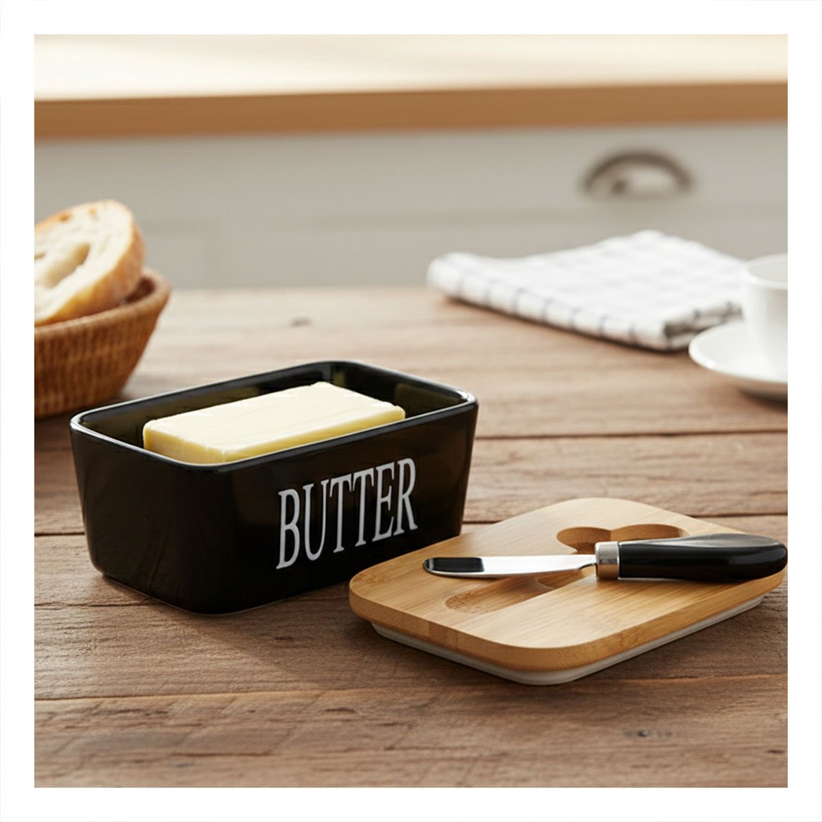 PACK2 EQUIPO DE PORTA MANTEQUILLA CON TAPA BAMBU CUCHILLO BLANCO GUARDAR ALIMENTOS - 2