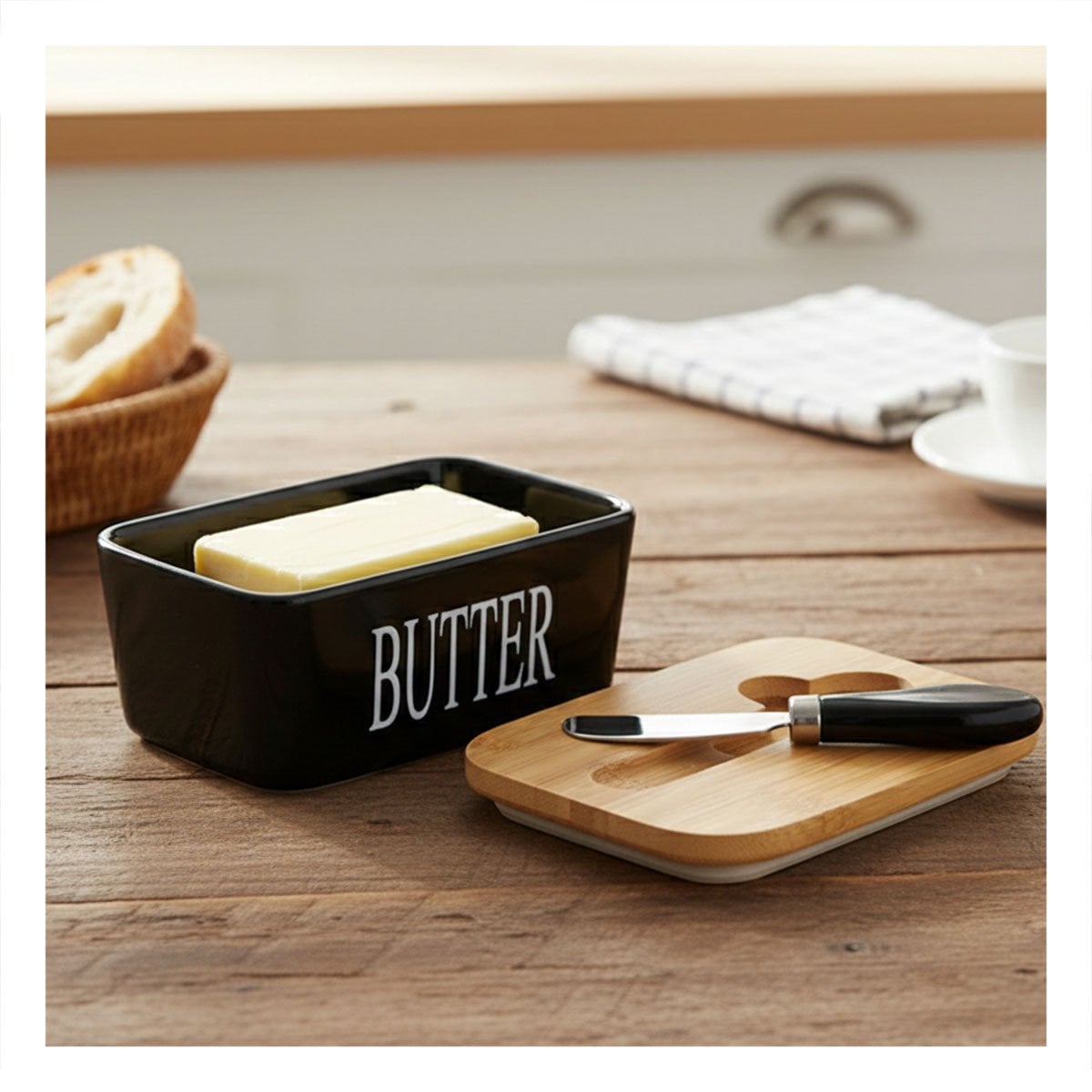 PACK2 EQUIPO DE PORTA MANTEQUILLA CON TAPA BAMBU CUCHILLO BLANCO GUARDAR ALIMENTOS - 3