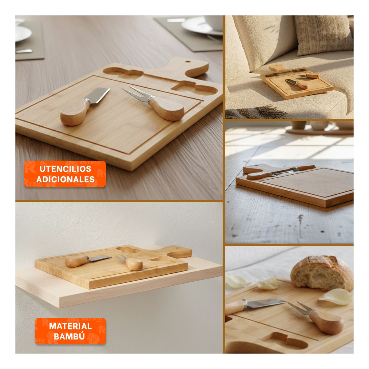 PACK4 TAPA CON 2 UTENSILIOS DE MADERA BAMBU RECTANGULAR PARA COCINA Y HOGAR Y+REGALO STICKER - 2