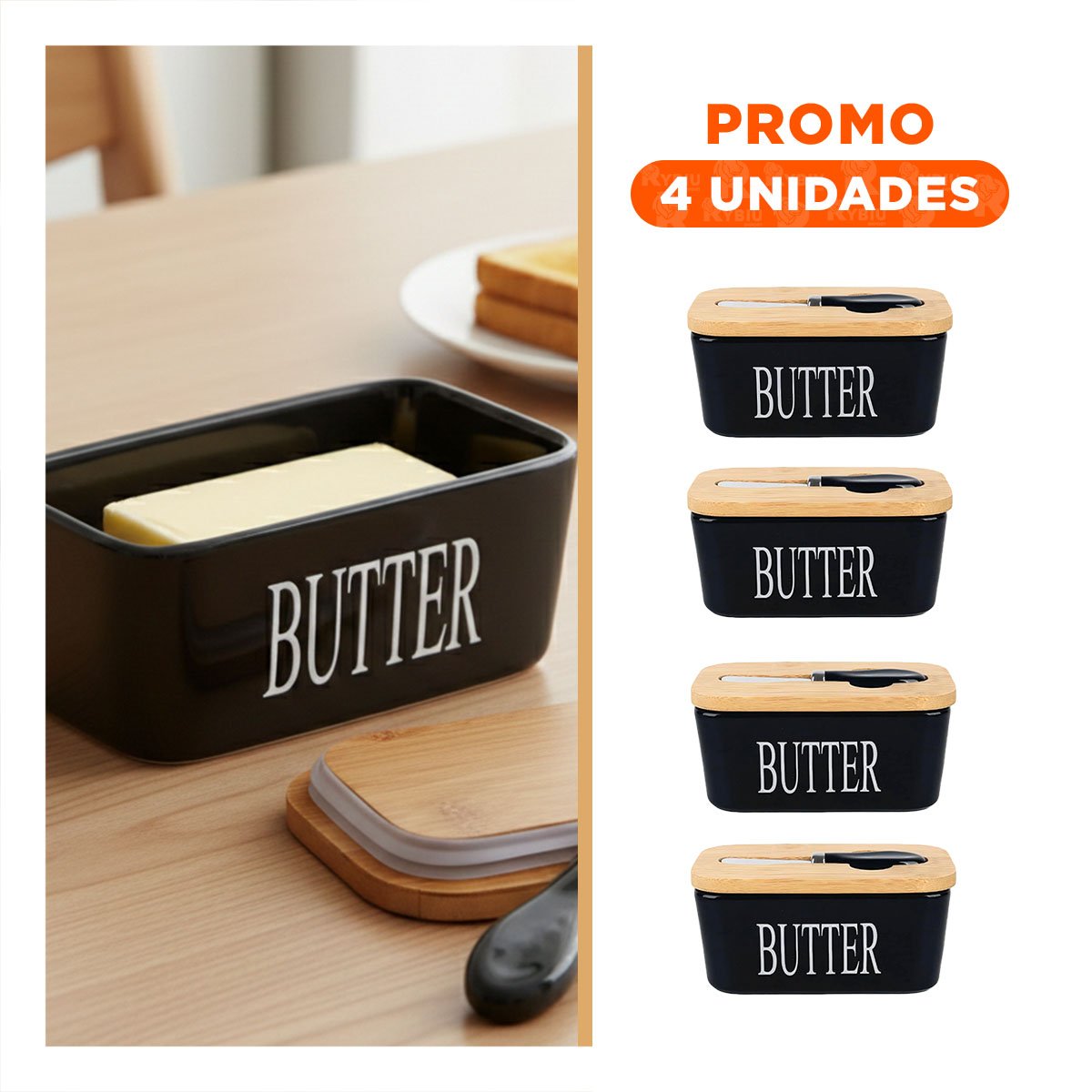 PACK4 SET DE PORTA MANTEQUILLA BLANCO CON TAPA BAMBU Y CUCHILLO ALMACENAJE Y+REGALO STICKER - 1